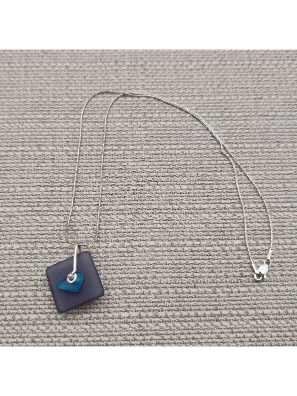 16 Inch Sterling Silver Purple Square Sea Glass Pendant Snake Chain Necklace A89